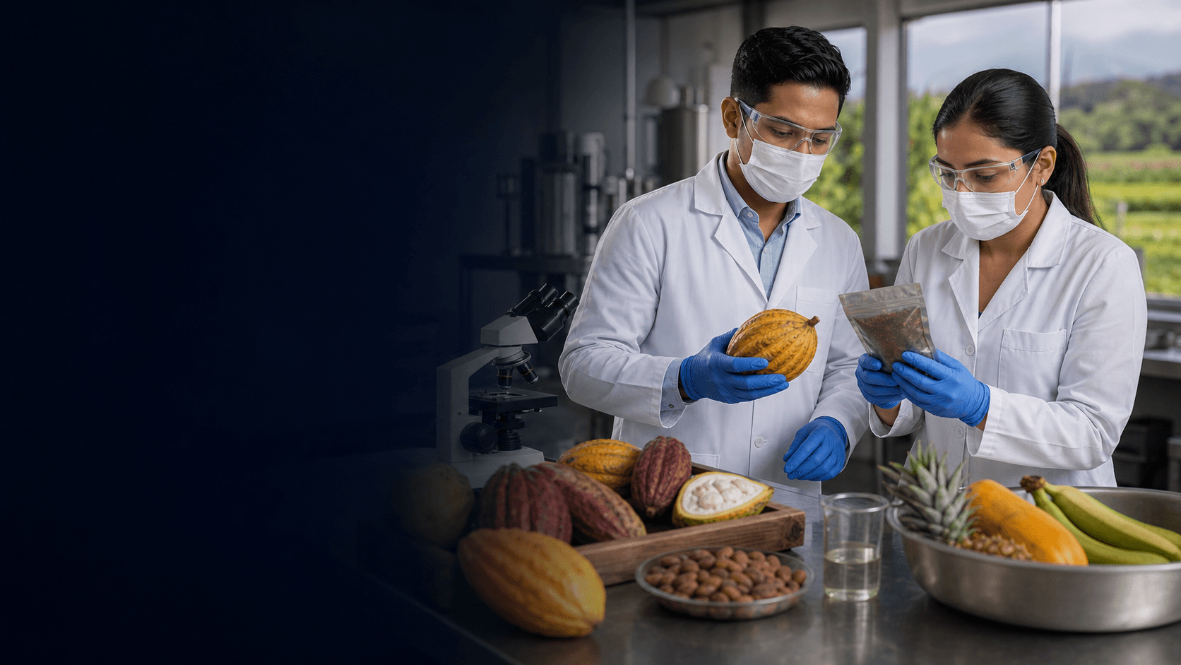 Profesionales de ciencia de alimentos evaluando cacao y productos tropicales en un laboratorio de calidad